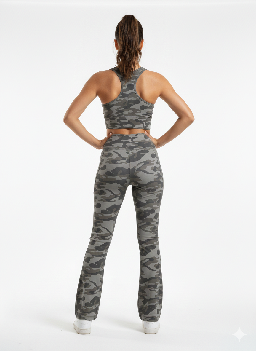 Legging Flare Militaire "Fitness" – Taille S/M – Coupe Évasée avec Poche – Leg Vanilla